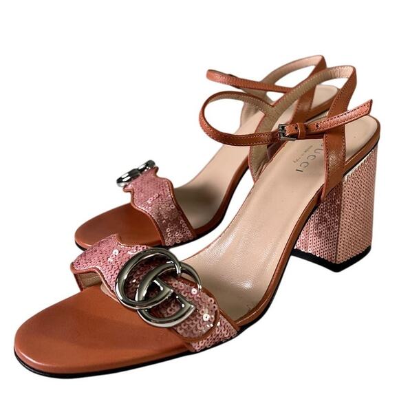Gucci Pink Sequin GG Marmont Mid Heeled Sandals 37 - Picture 1 of 13
